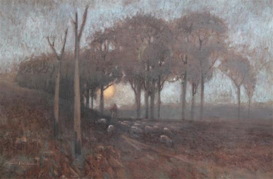 Gerald Fitzgerald (1873-1935) Shepherd and flock at twilight, 24 x 35.5in.